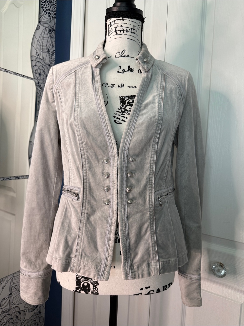 White House Black Market Velvet Gray Military-Style Zip Jacket